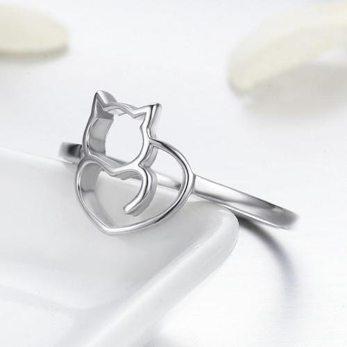 925 Sterling Silver Cat & Heart Ring