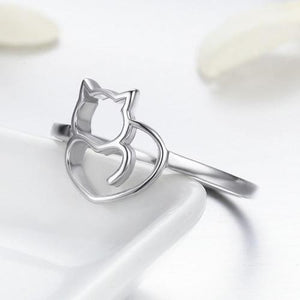 925 Sterling Silver Cat & Heart Ring