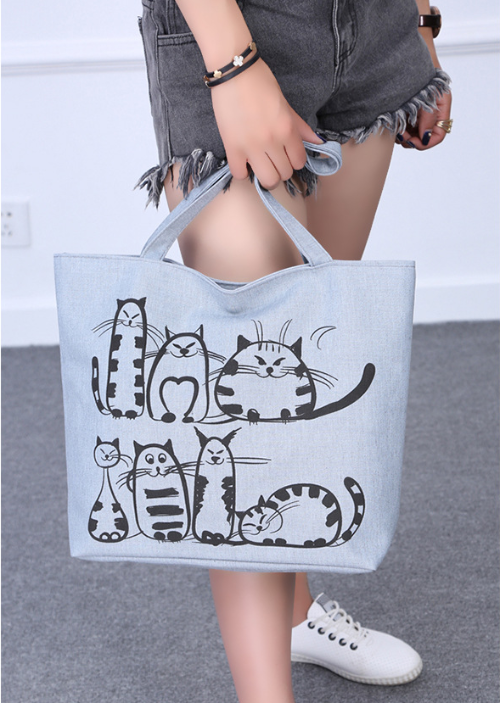Canvas Beach/Shoulder Bag Cartoon Cat Printed Design